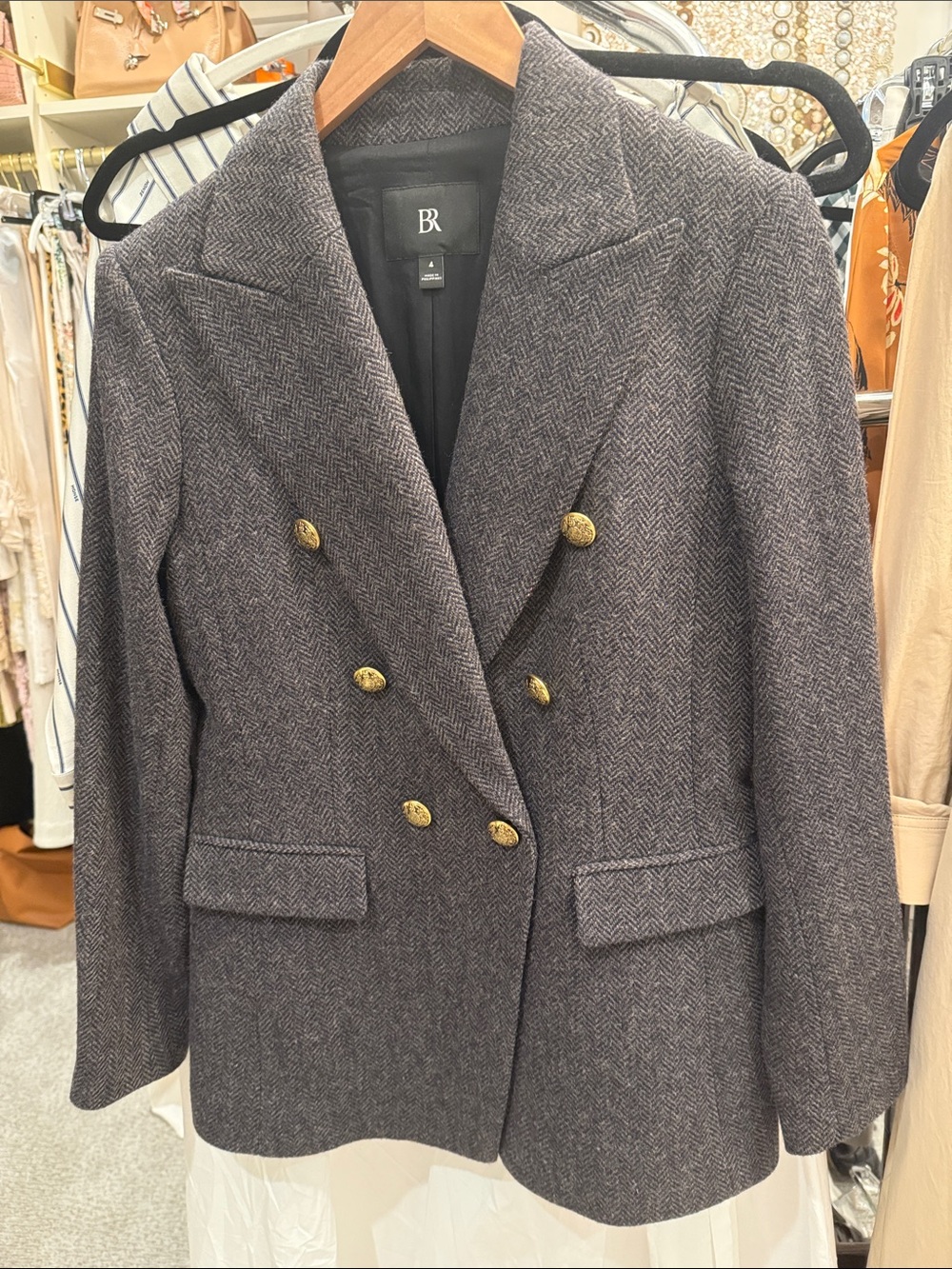 Banana Republic Double-Breasted Herringbone Blazer - Gray brown tweed.